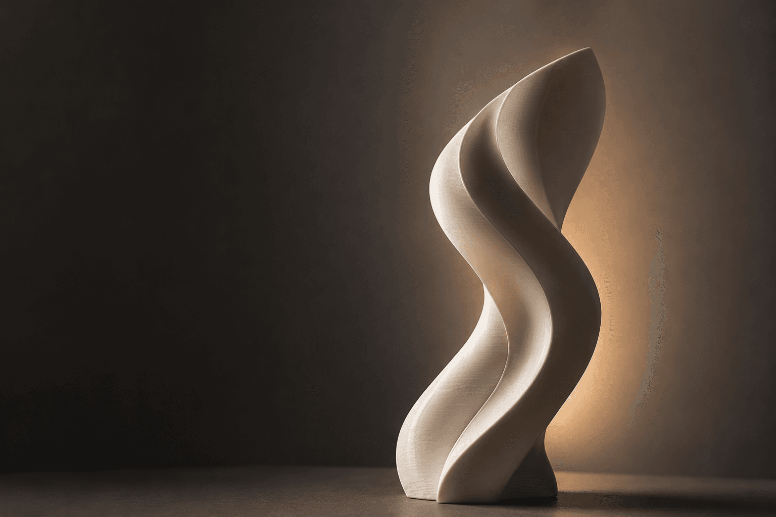 A sculptural ribbon-form 3D-printed object, backlit with warm light